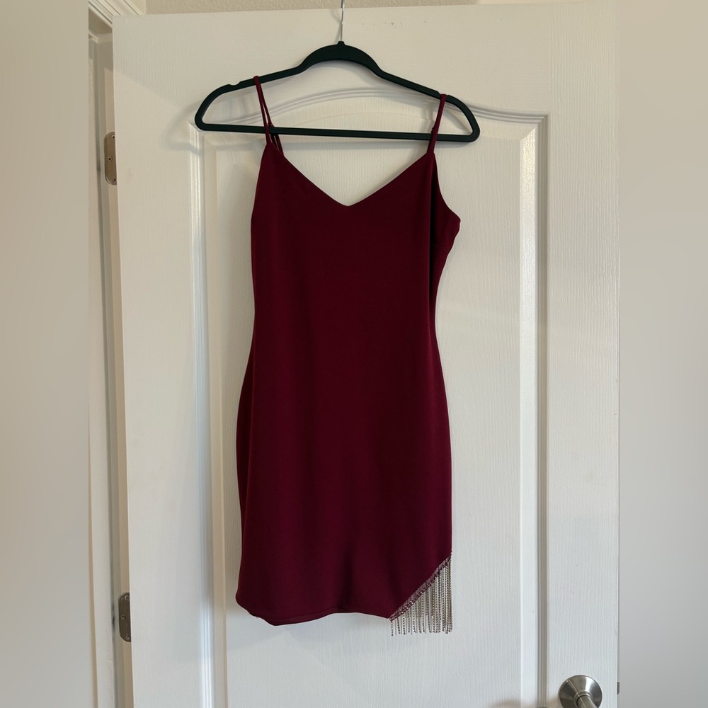 Elegant Wine Mini Dress with Fringe Detail